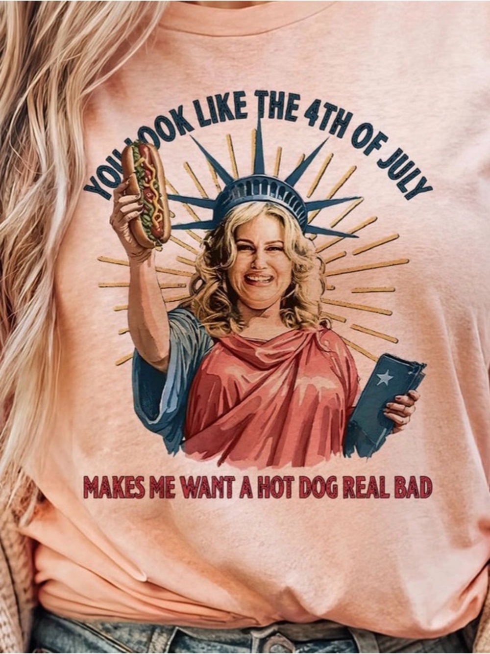 Graphic Pink 4th of July Hot Dog Statue of Liberty Tee